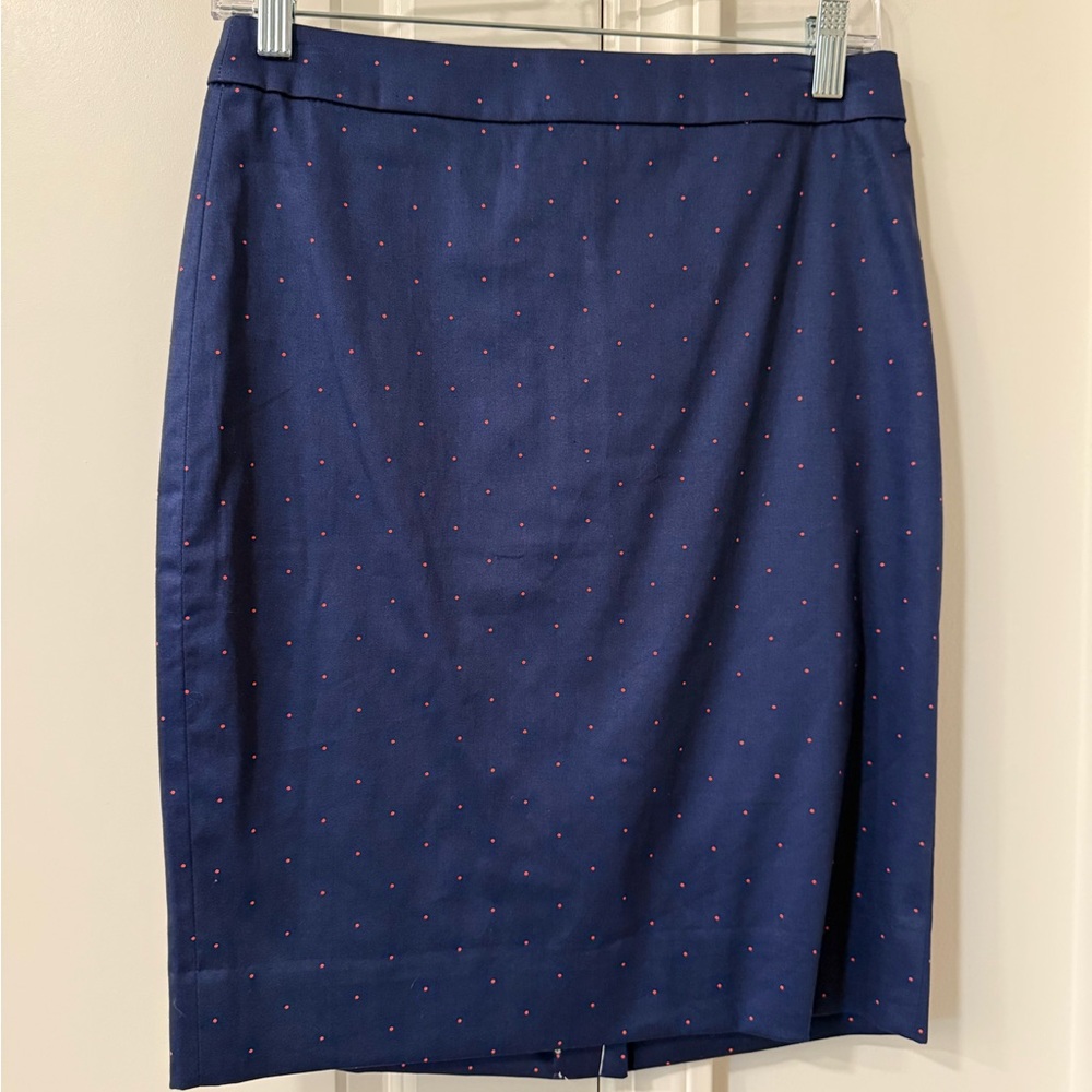 J Crew Coral and Navy Blue Polka Dot Pencil Skirt